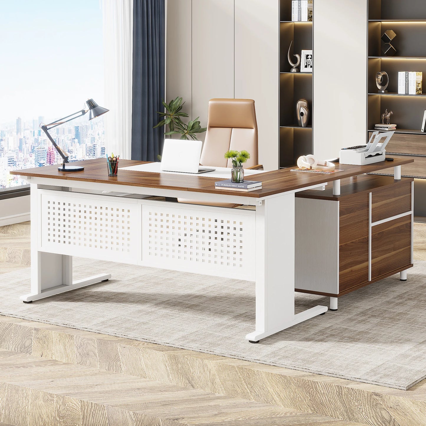 Parkview L-Shaped Executive Desk with Storage Cabinet & File Drawer