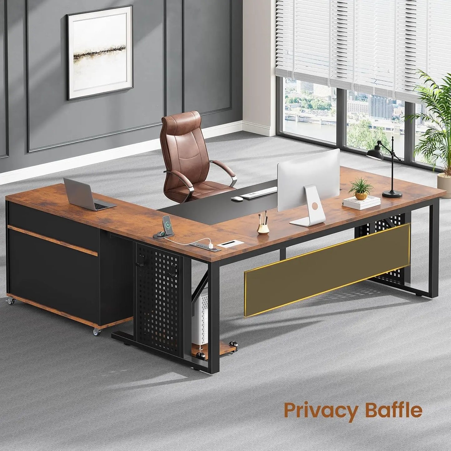 Rustic L-Shaped Executive Desk with Rolling Cabinet