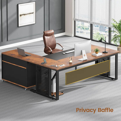 Rustic L-Shaped Executive Desk with Rolling Cabinet