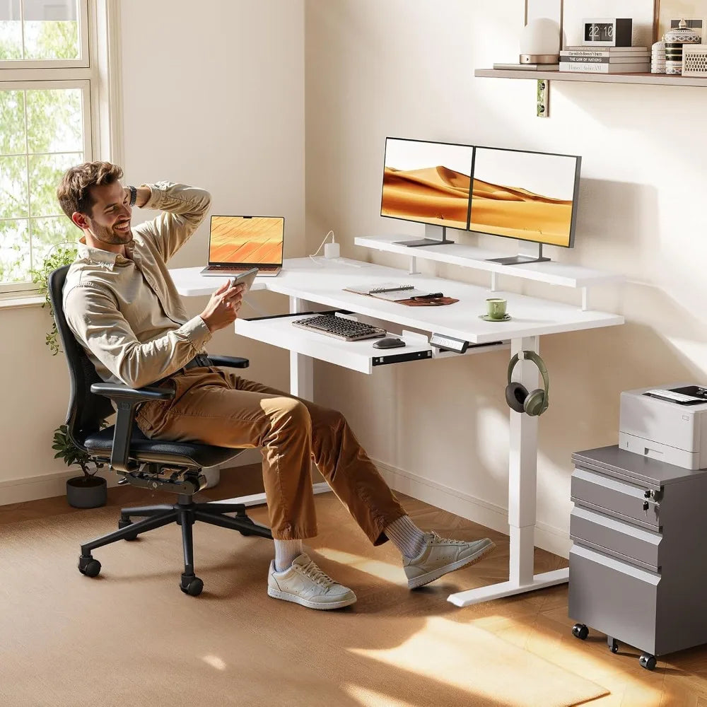 Electric L-Shaped Standing Desk with Keyboard Tray & Charging Station