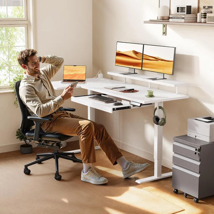 Electric L-Shaped Standing Desk with Keyboard Tray & Charging Station