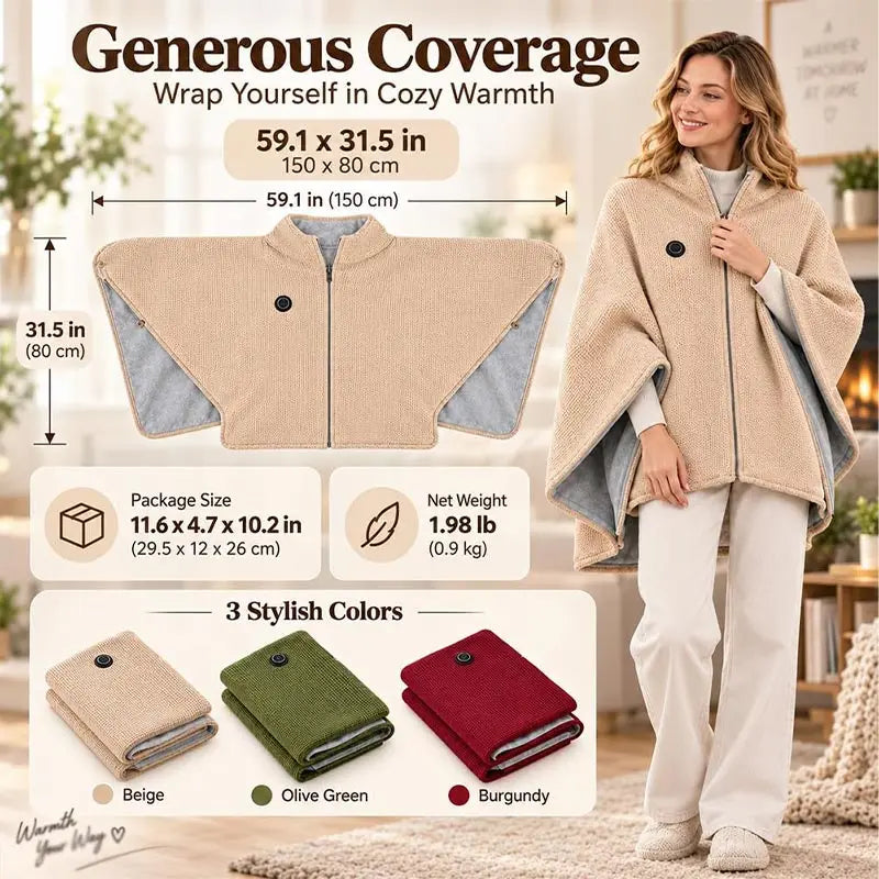 Heated Cape Shawl USB Powered Zip-Front Knit Fleece