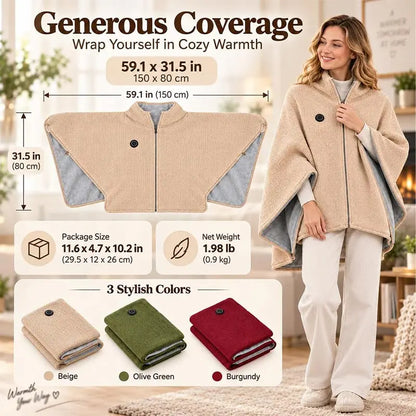 Heated Cape Shawl USB Powered Zip-Front Knit Fleece