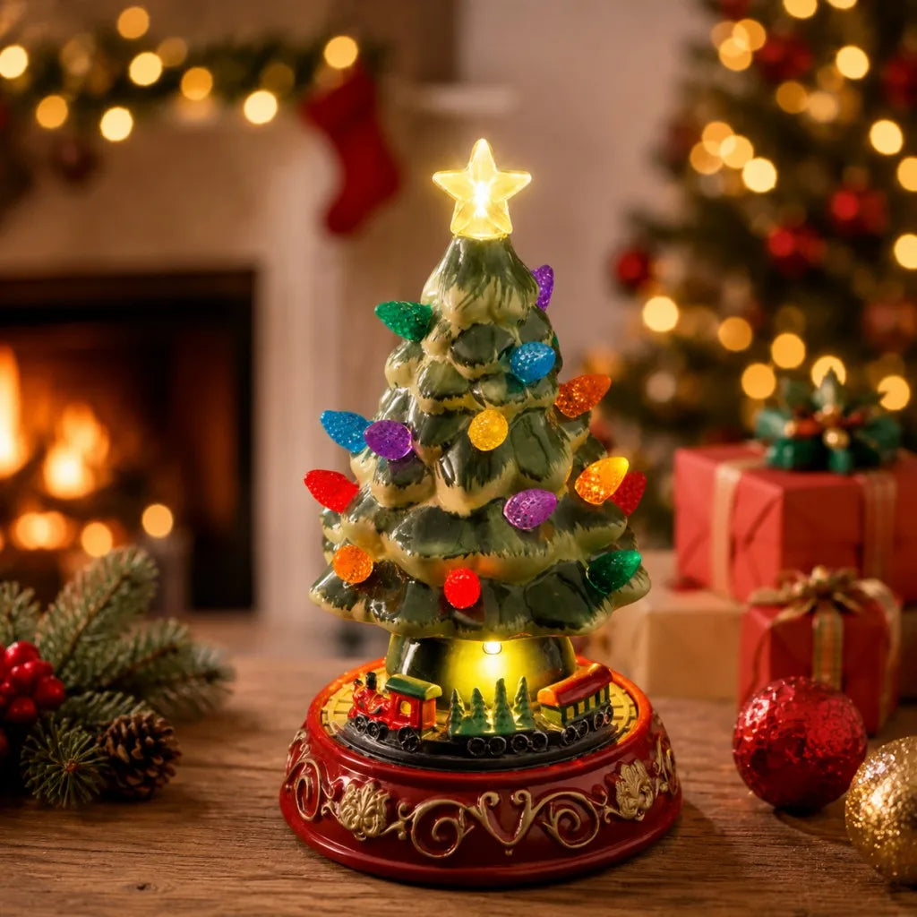Lighted Ceramic Christmas Village Tree | LED Tree with Rotating Train Base