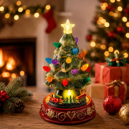 Lighted Ceramic Christmas Village Tree | LED Tree with Rotating Train Base