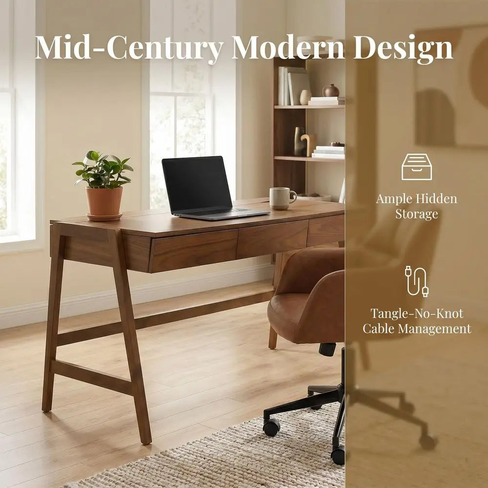 59" Walnut Writing Desk with Hidden Cable Management