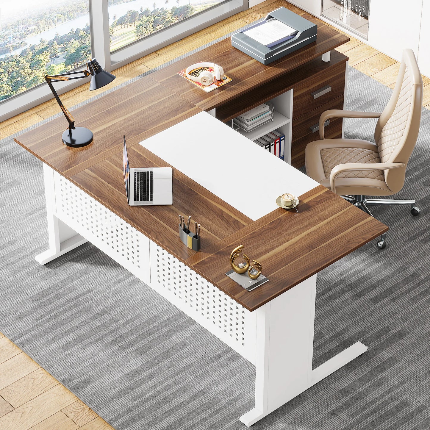 Parkview L-Shaped Executive Desk with Storage Cabinet & File Drawer