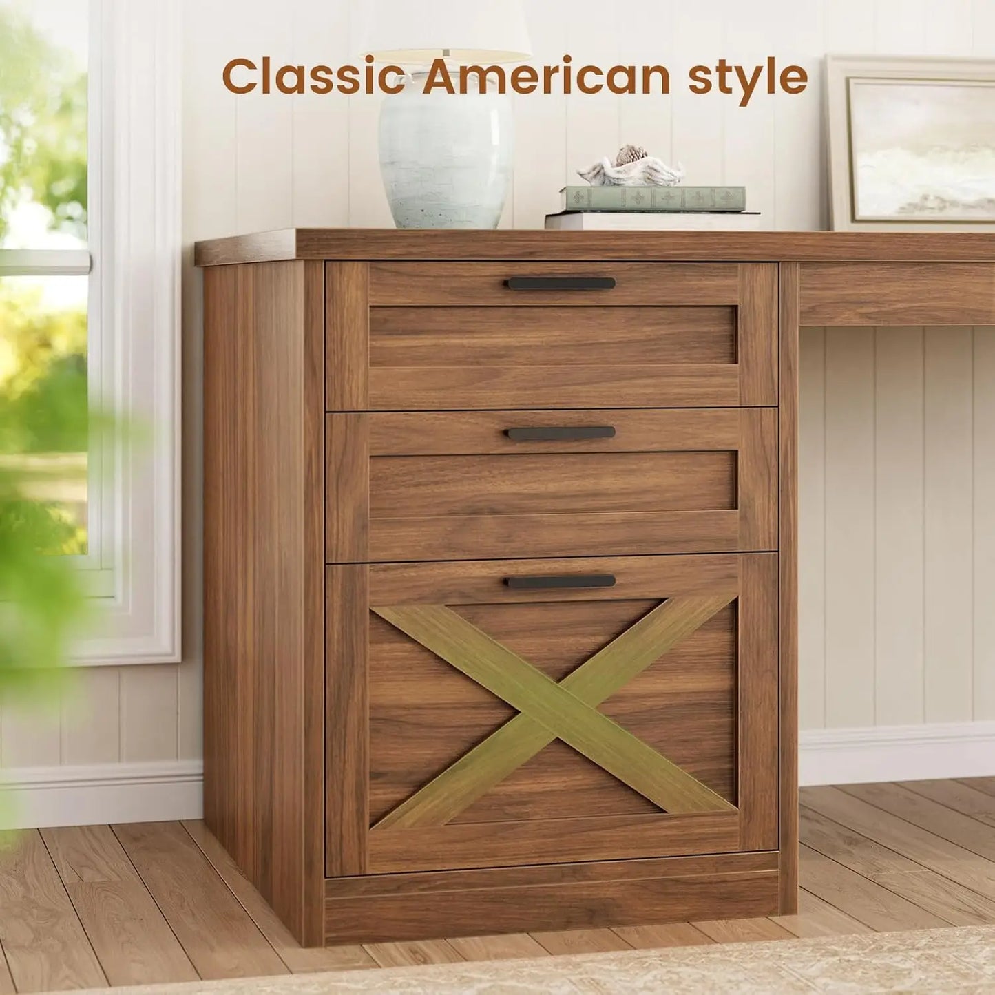 Farmhouse L-Shaped Desk with File Drawer & Built-In Charging Station
