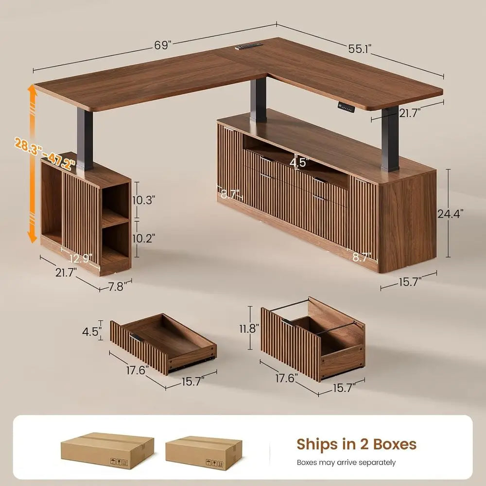 L-Shaped Standing Desk with 4 Drawers