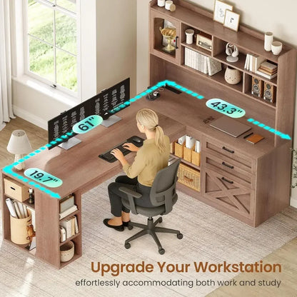 Hearthstone L-Shaped Desk with Display Cabinet & LED Lighting