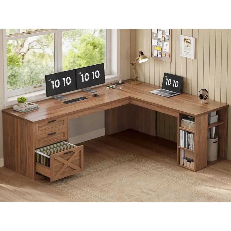 Hearthwood Farmhouse L-Shaped Desk with Drawers & Charging Station