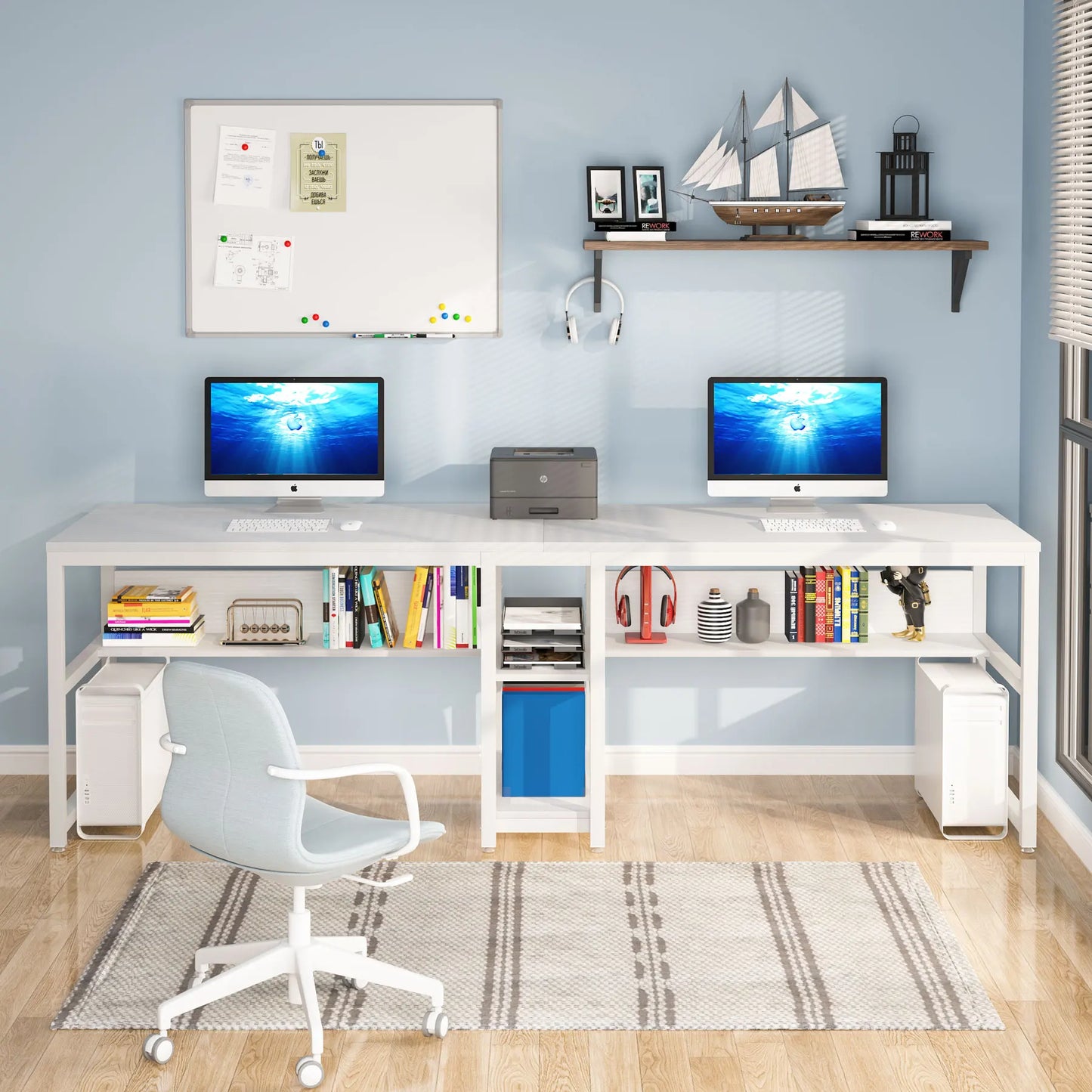 Two-Person Desk with Bookshelf