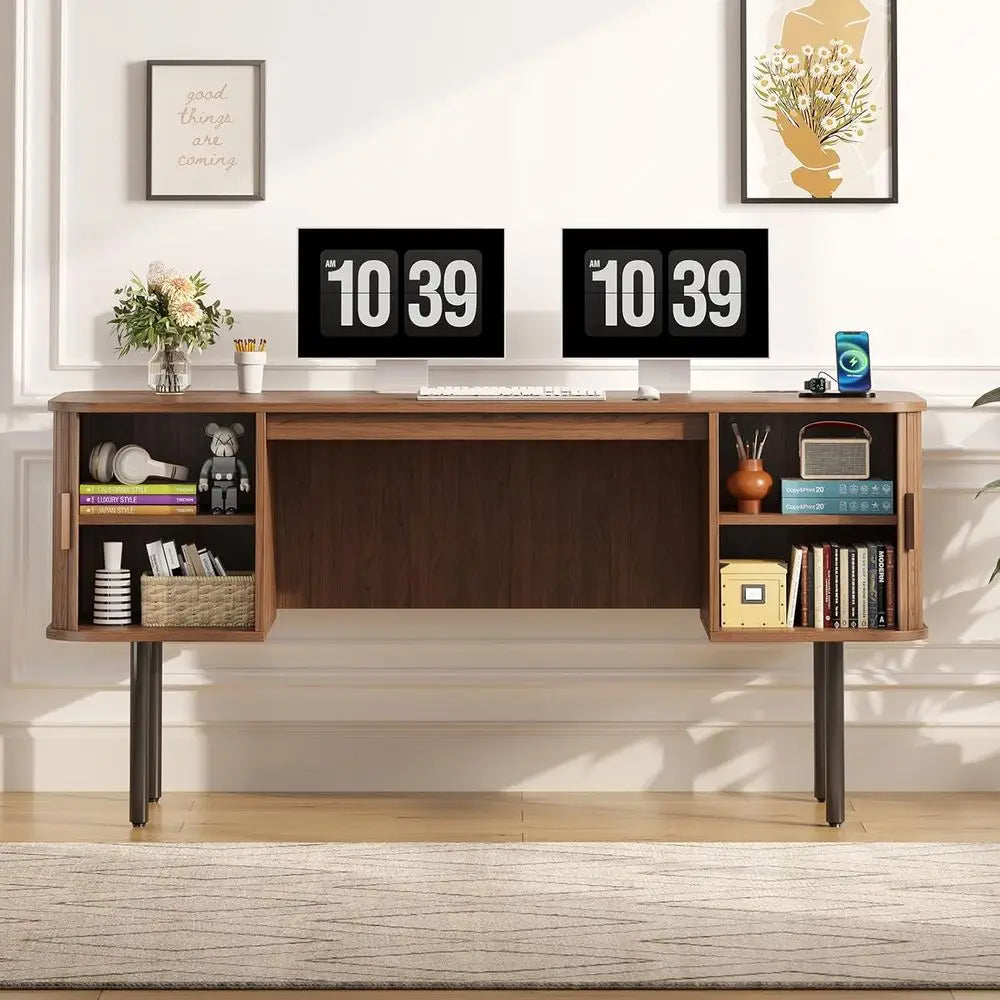 Walnut L-Shaped Desk with Charging Station