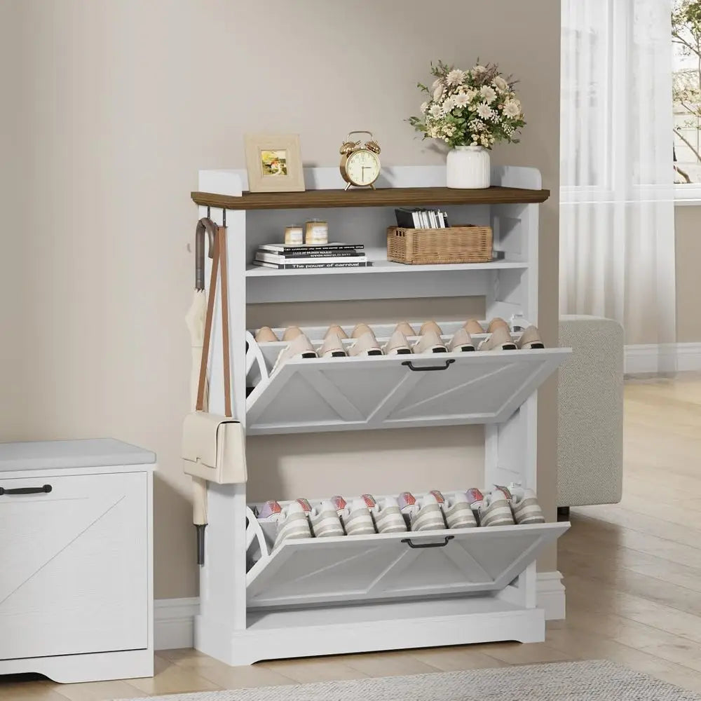 Double-Layer Shoe Cabinet with Hooks
