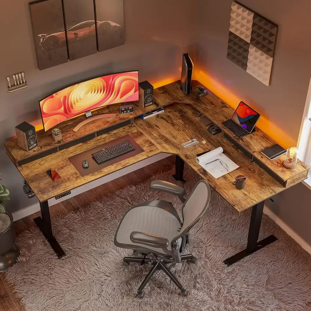 Premium L-Shaped Electric Standing Desk with Triple-Motor Lift & Storage