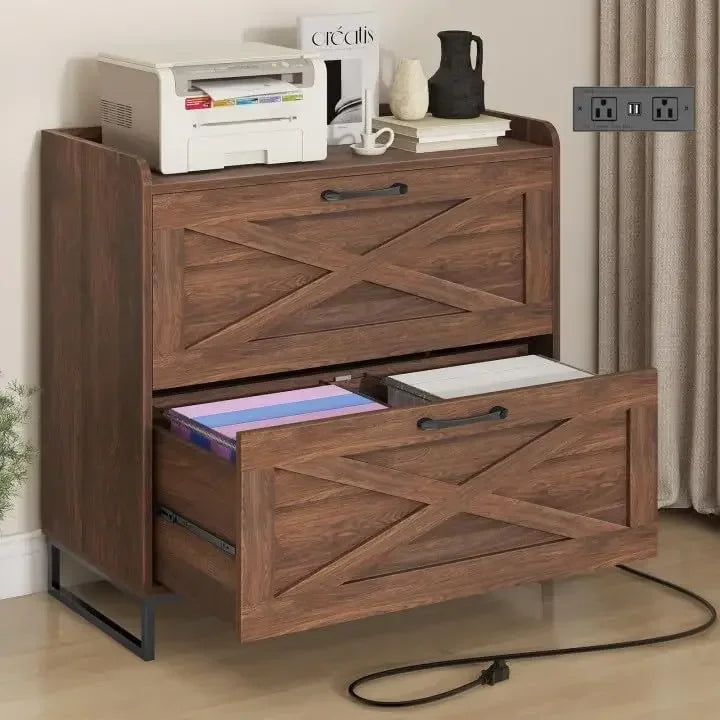 Premium Wood Filing Cabinet with Charging Station & Dual File Drawers