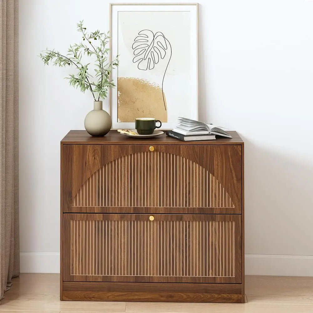 Premium Walnut Filing Cabinet with Fluted Drawers & Spacious Storage