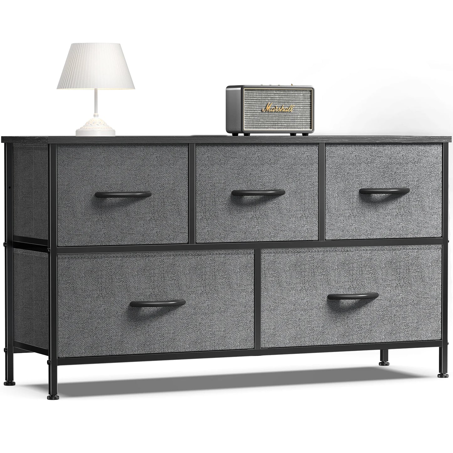 Modern 5-Drawer Storage Cabinet with Wood Top & Metal Frame