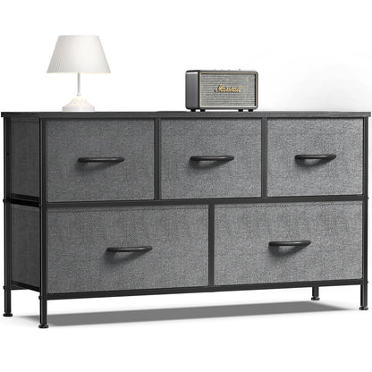 Modern 5-Drawer Storage Cabinet with Wood Top & Metal Frame