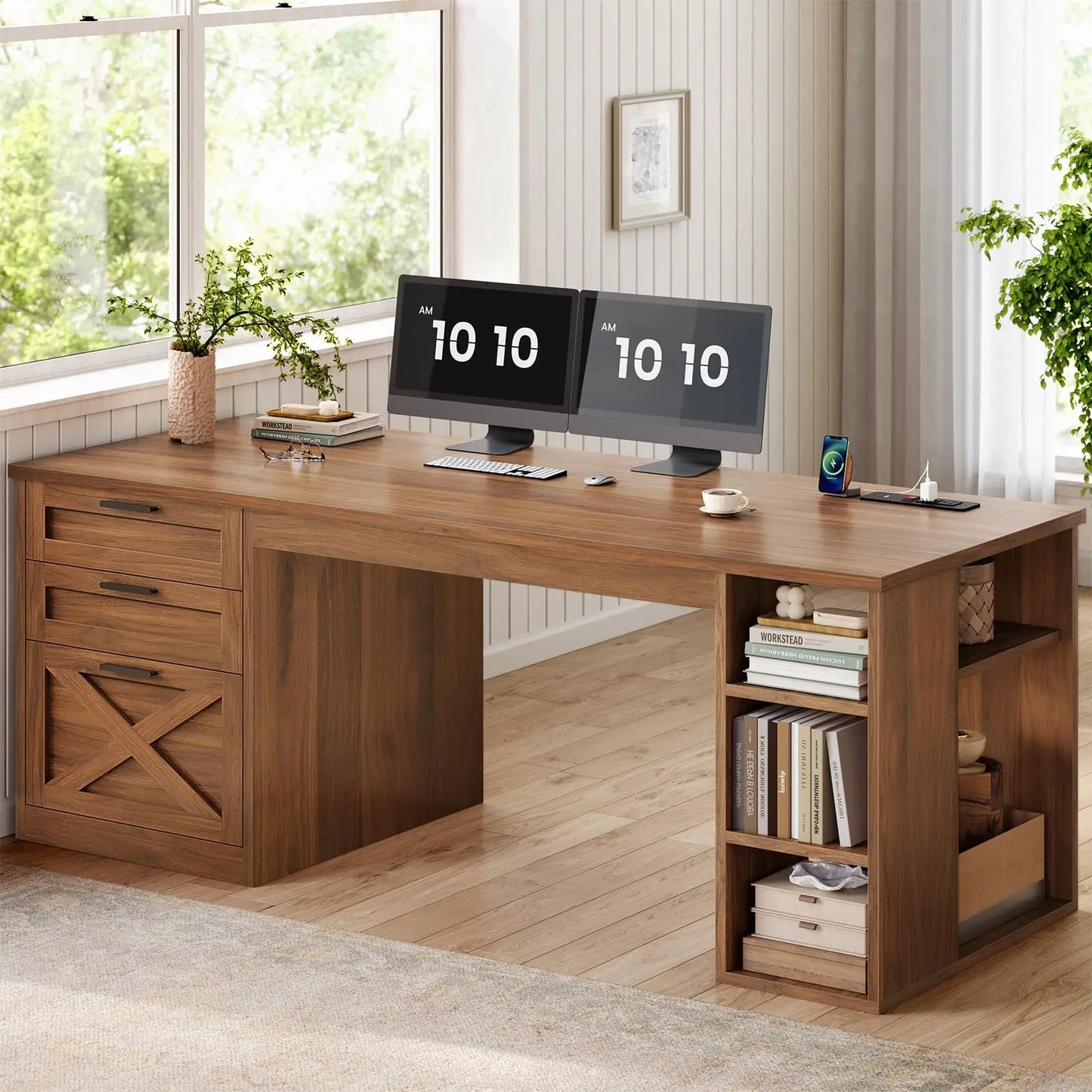 Hearthwood Farmhouse L-Shaped Desk with Drawers & Charging Station