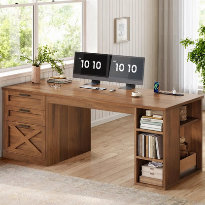 Hearthwood Farmhouse L-Shaped Desk with Drawers & Charging Station
