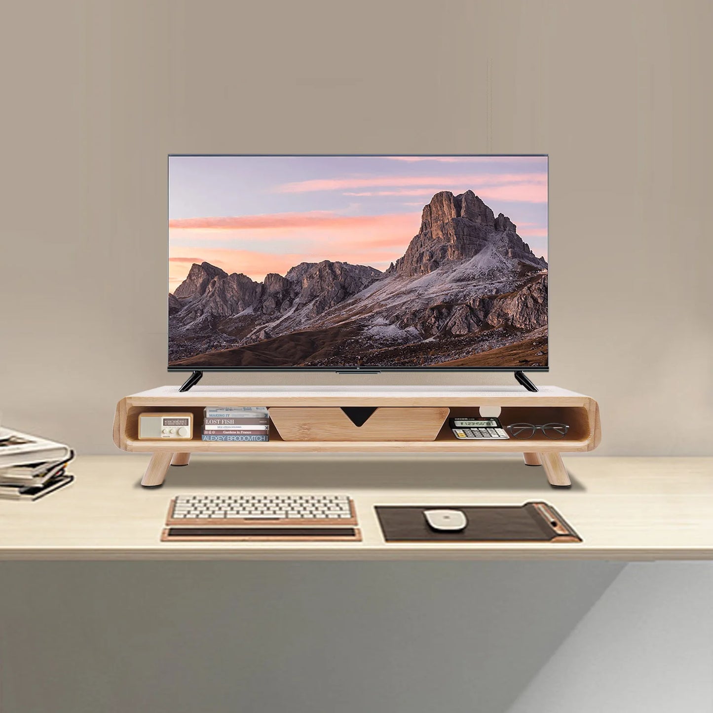 Bamboo Monitor Stand with Storage Drawer & Desk Organizer