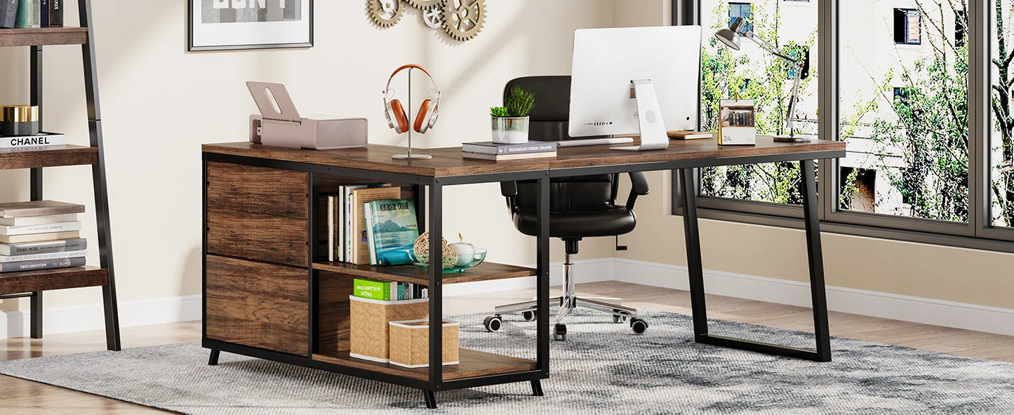 Ironridge L-Shaped Desk with Drawers & Storage Shelves