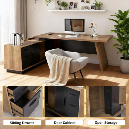 Executive L-Shaped Wooden Office Desk with Storage Cabinet