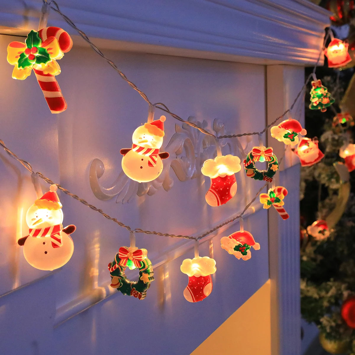 Santa & Snowman LED String Lights | Battery Christmas Garland
