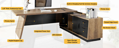 Executive L-Shaped Wooden Office Desk with Storage Cabinet