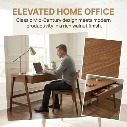 59" Walnut Writing Desk with Hidden Cable Management