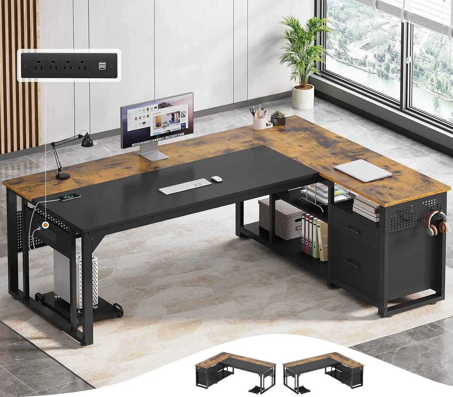 Valmere L-Shaped Desk with Storage Cabinet, File Drawer & Charging Station