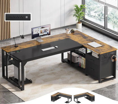 Valmere L-Shaped Desk with Storage Cabinet, File Drawer & Charging Station