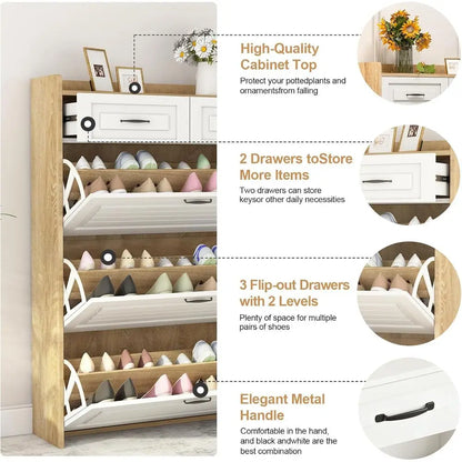 Oak & White Lip-Door Shoe Cabinet