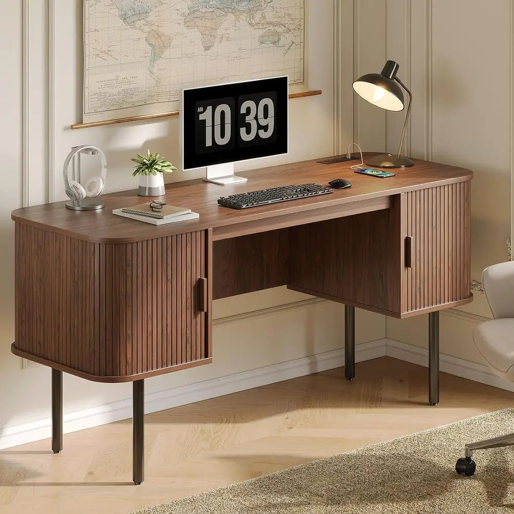 Walnut L-Shaped Desk with Charging Station