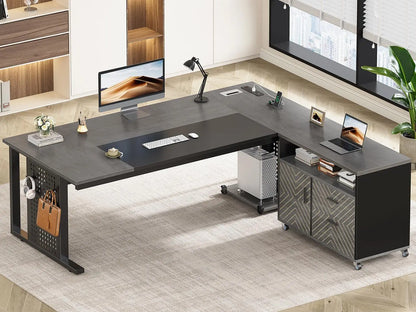 Rustic L-Shaped Executive Desk with Rolling Cabinet