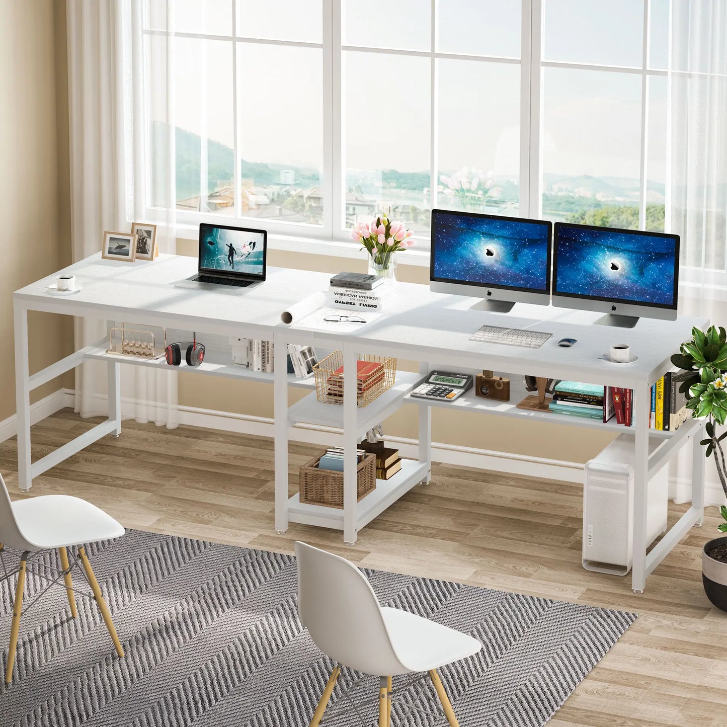 Two-Person Desk with Bookshelf