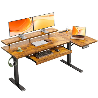 Electric L-Shaped Standing Desk with Keyboard Tray & Charging Station
