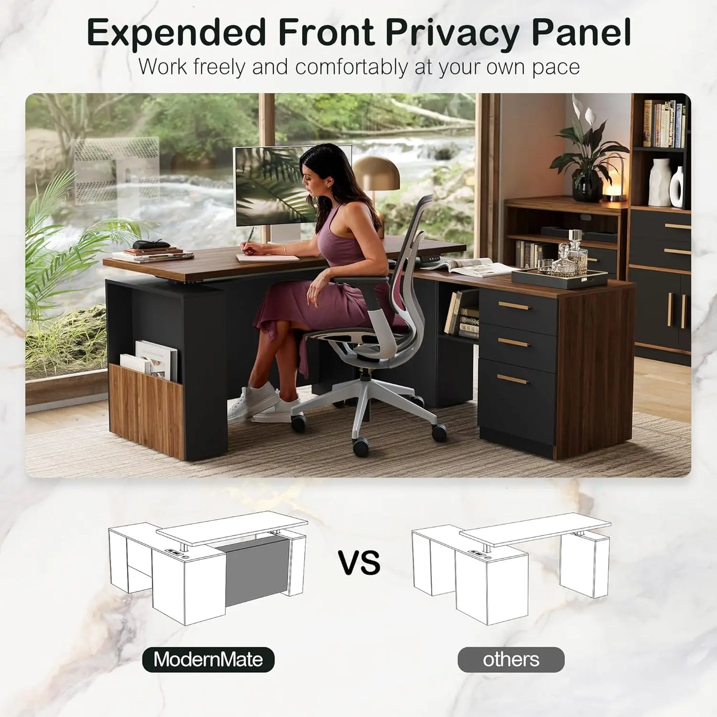 63" Standing Desk with Privacy Panel & File Cabinet