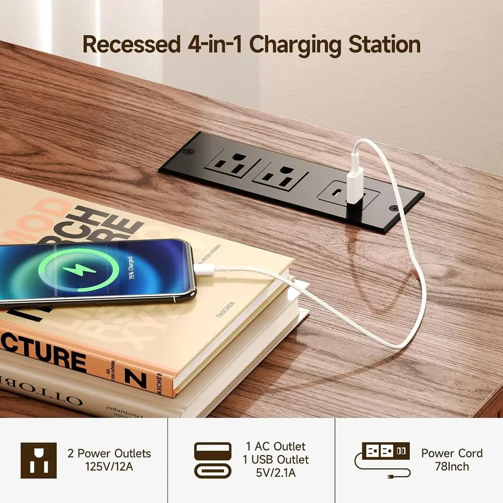 Walnut L-Shaped Desk with Charging Station