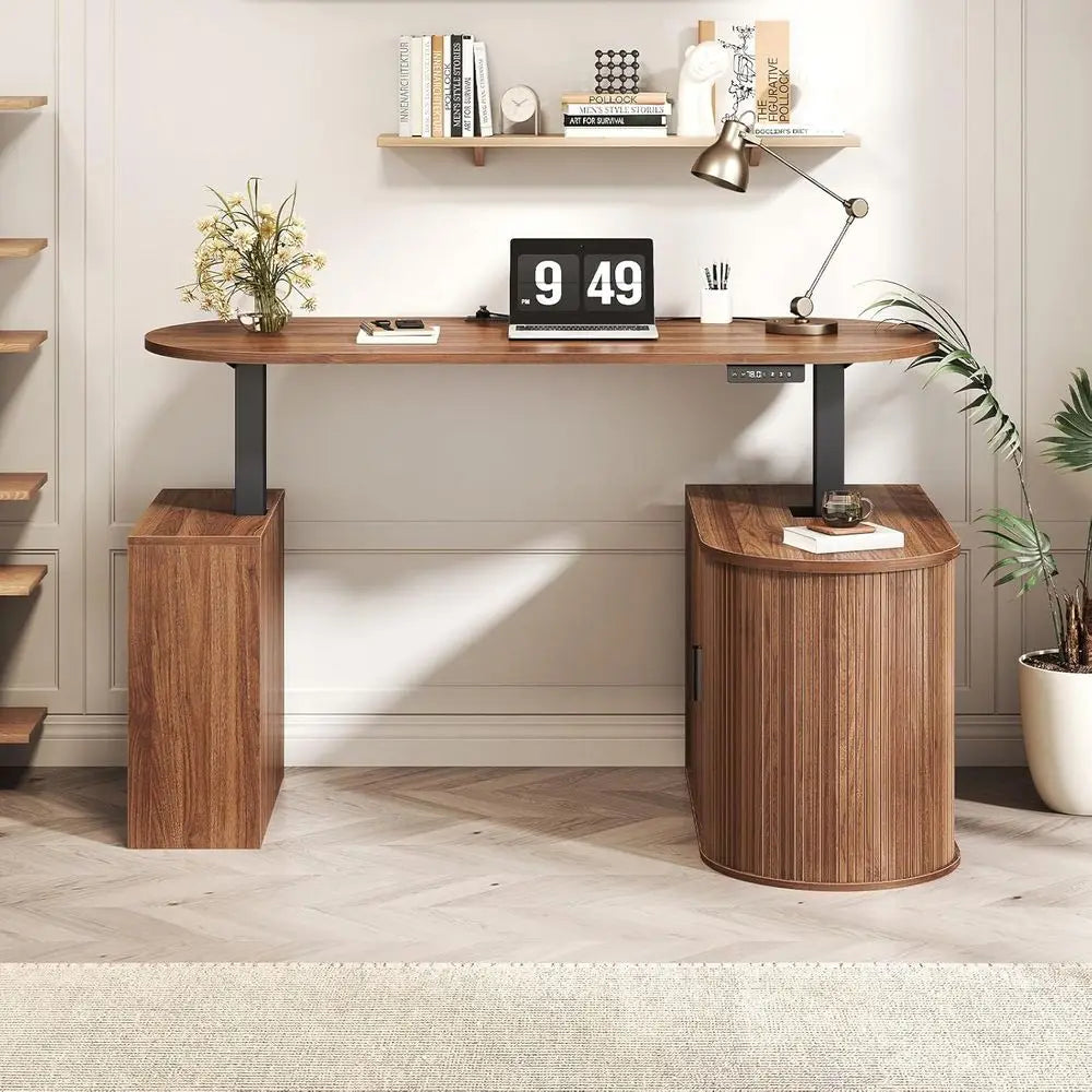 Walnut L-Shaped Standing Desk with Storage Cabinet & Bookshelf