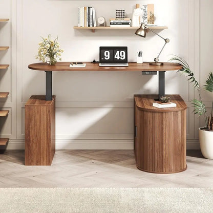 Walnut L-Shaped Standing Desk with Storage Cabinet & Bookshelf