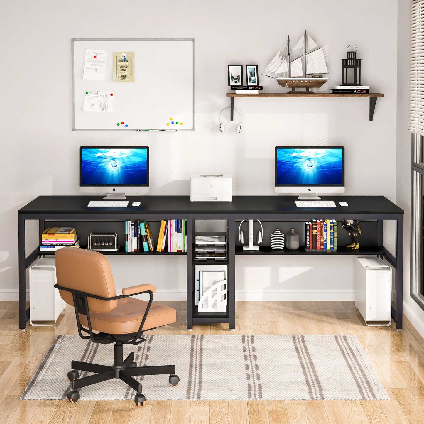 Two-Person Desk with Bookshelf