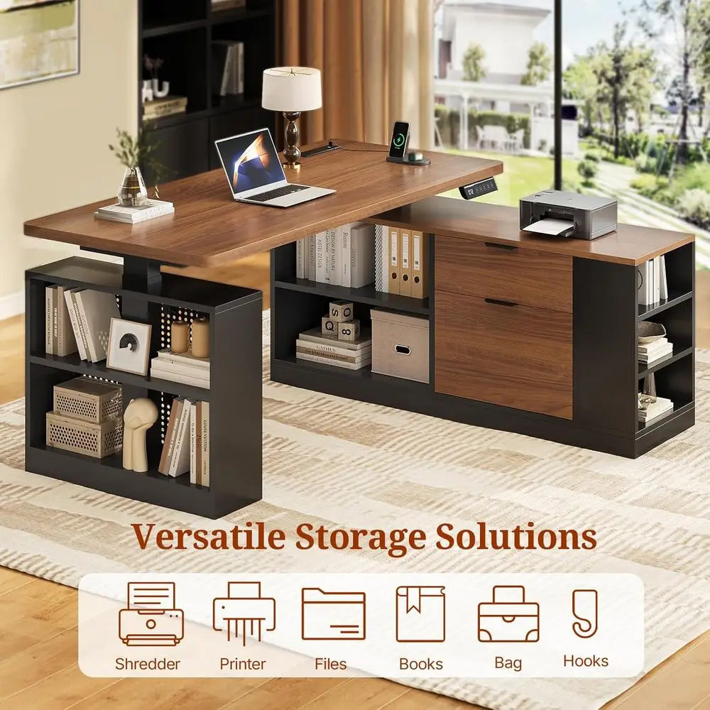 Nexus Electric L-Shaped Standing Desk with Shelving & Power Hub