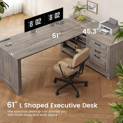 Farmhouse L-Shaped Desk with File Drawer & Built-In Charging Station