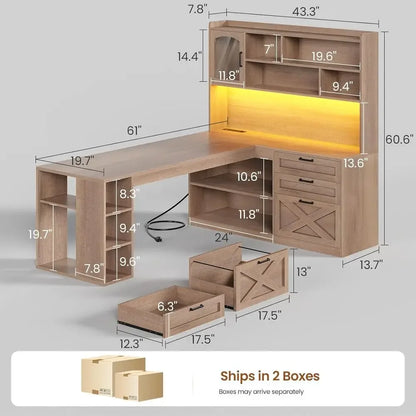 Hearthstone L-Shaped Desk with Display Cabinet & LED Lighting