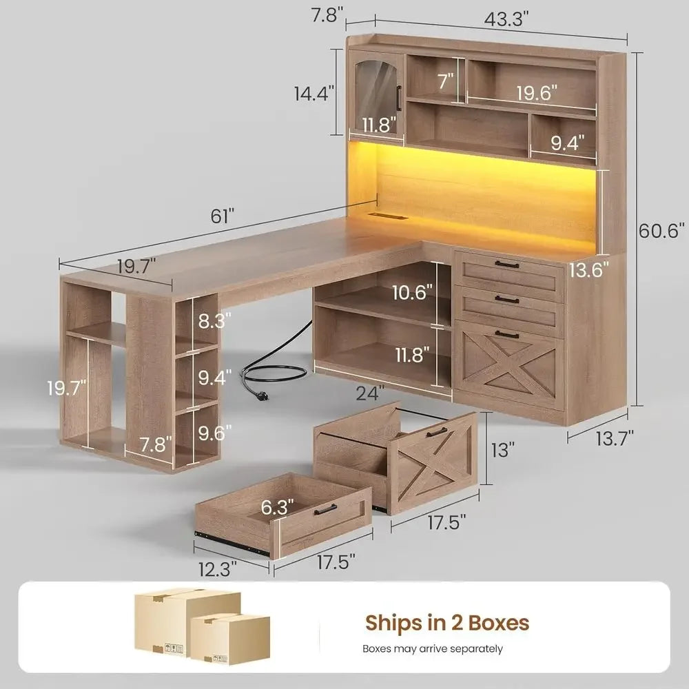 Hearthstone L-Shaped Desk with Display Cabinet & LED Lighting