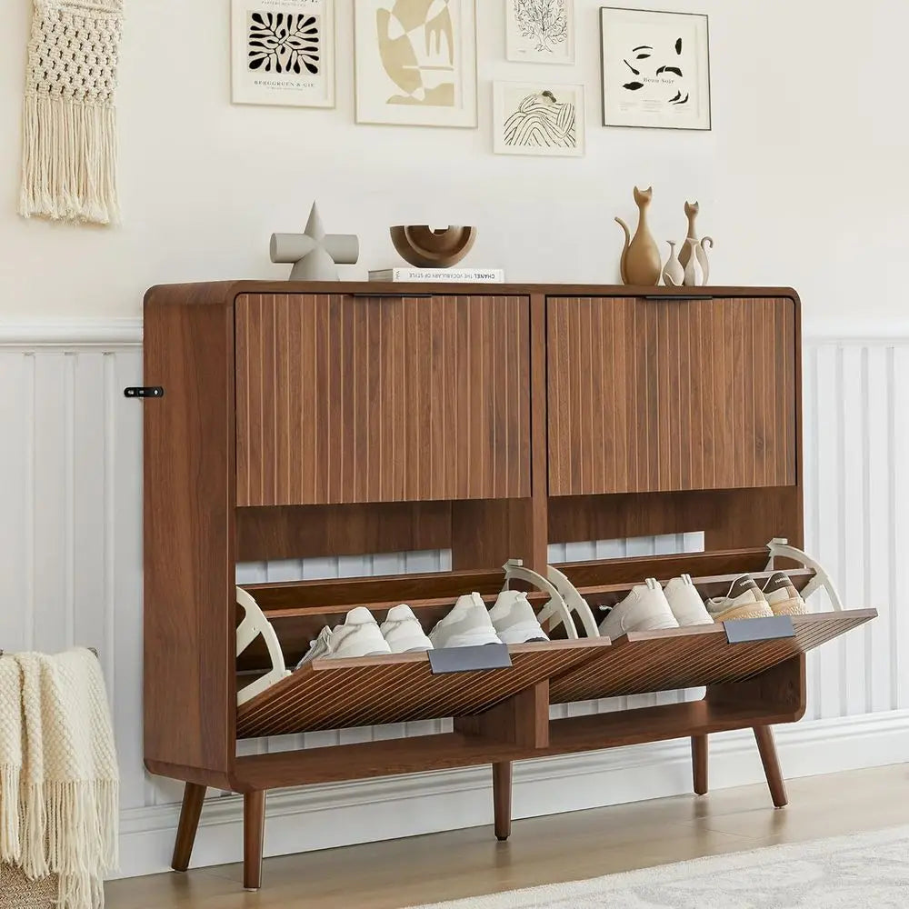Walnut 4-Door Shoe Cabinet