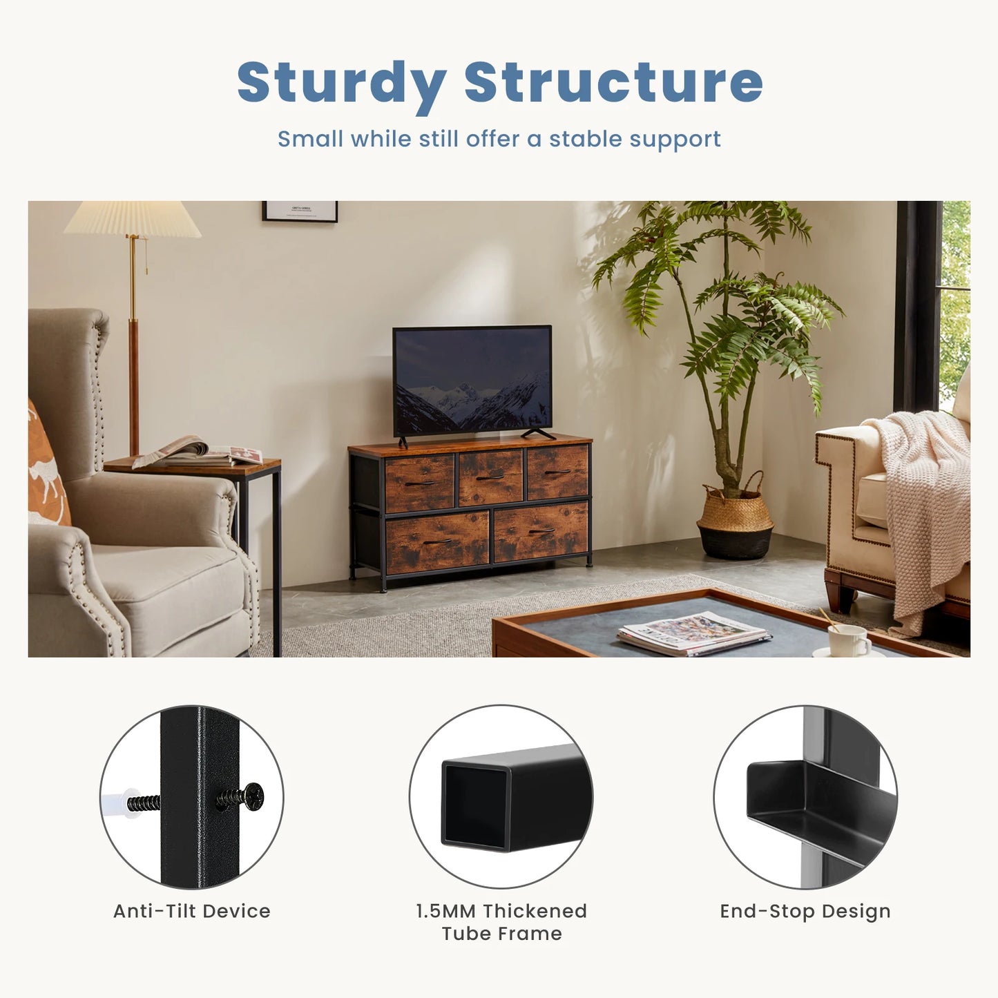 Modern 5-Drawer Storage Cabinet with Wood Top & Metal Frame