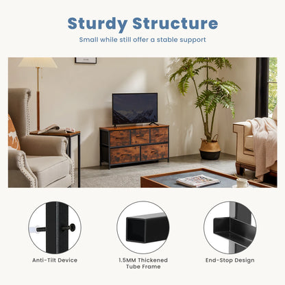 Modern 5-Drawer Storage Cabinet with Wood Top & Metal Frame